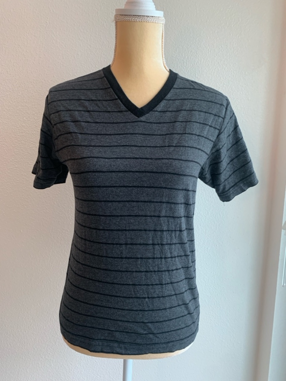 Gray and Black Striped V-Neck Short Sleeve Top